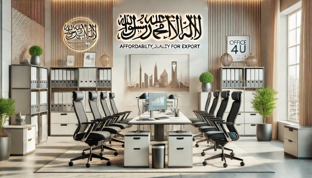 Affordable Office Furniture Exporter for Saudi Arabia showcasing ergonomic chairs, executive desks, and storage cabinets in a modern office setup with a subtle Arabic-inspired decor.
