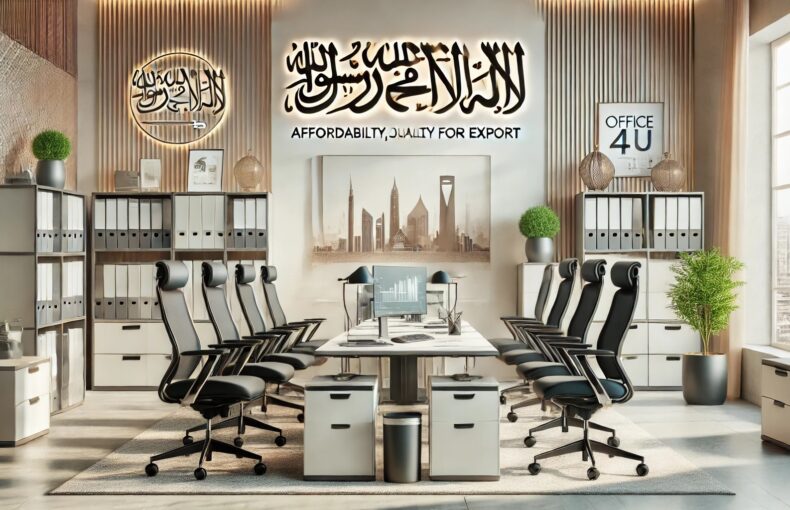 Affordable Office Furniture Exporter for Saudi Arabia showcasing ergonomic chairs, executive desks, and storage cabinets in a modern office setup with a subtle Arabic-inspired decor.