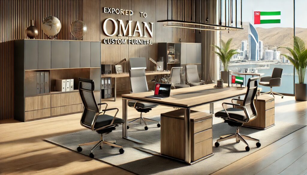 Modern office setup with custom office furniture exported to Oman, featuring an executive desk, ergonomic chairs, stylish storage units, and a conference table in a contemporary workspace.