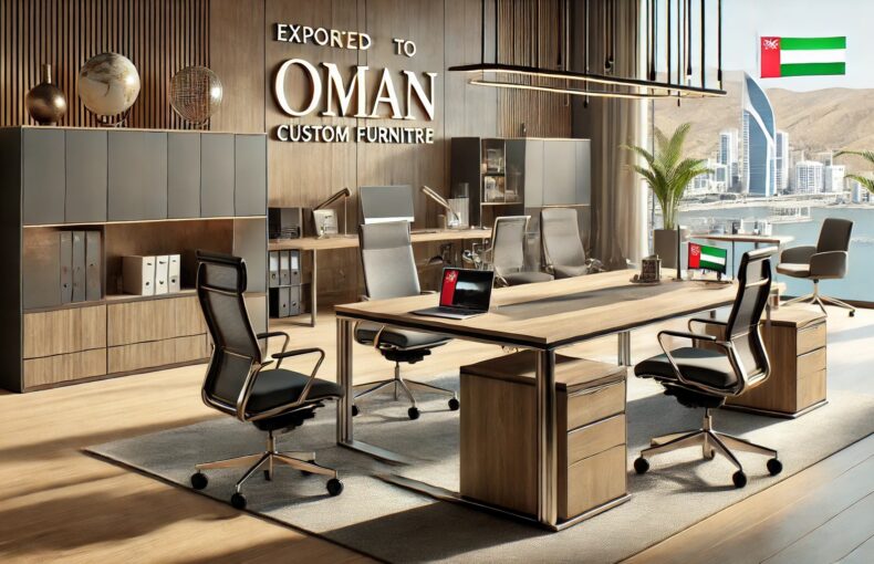 Modern office setup with custom office furniture exported to Oman, featuring an executive desk, ergonomic chairs, stylish storage units, and a conference table in a contemporary workspace.