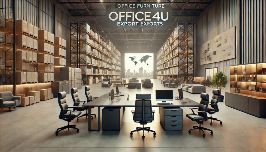 Dubai’s Best Office Furniture Exporters | Office4U Office Furniture | Modern office furniture export showroom in Dubai featuring luxury office desks, ergonomic chairs, and sleek conference tables. Professional setting with high-quality materials and a warehouse section for international exports.