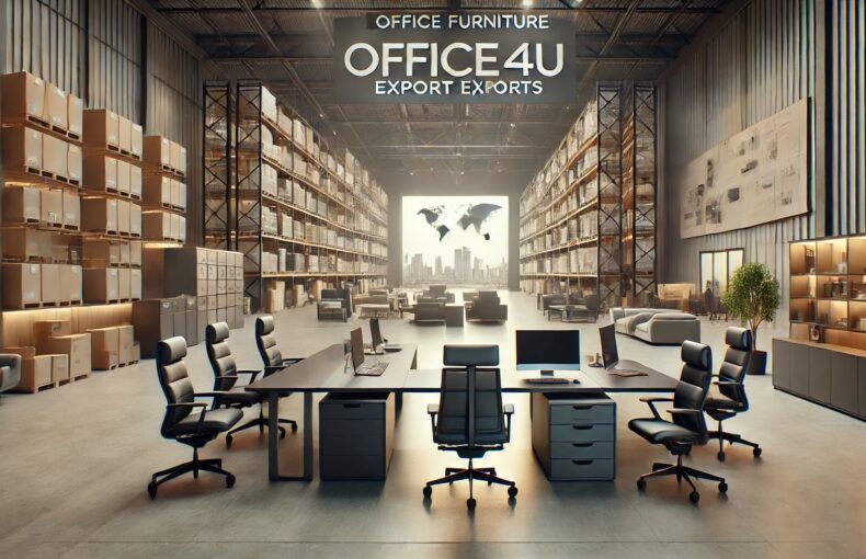 Dubai’s Best Office Furniture Exporters | Office4U Office Furniture | Modern office furniture export showroom in Dubai featuring luxury office desks, ergonomic chairs, and sleek conference tables. Professional setting with high-quality materials and a warehouse section for international exports.