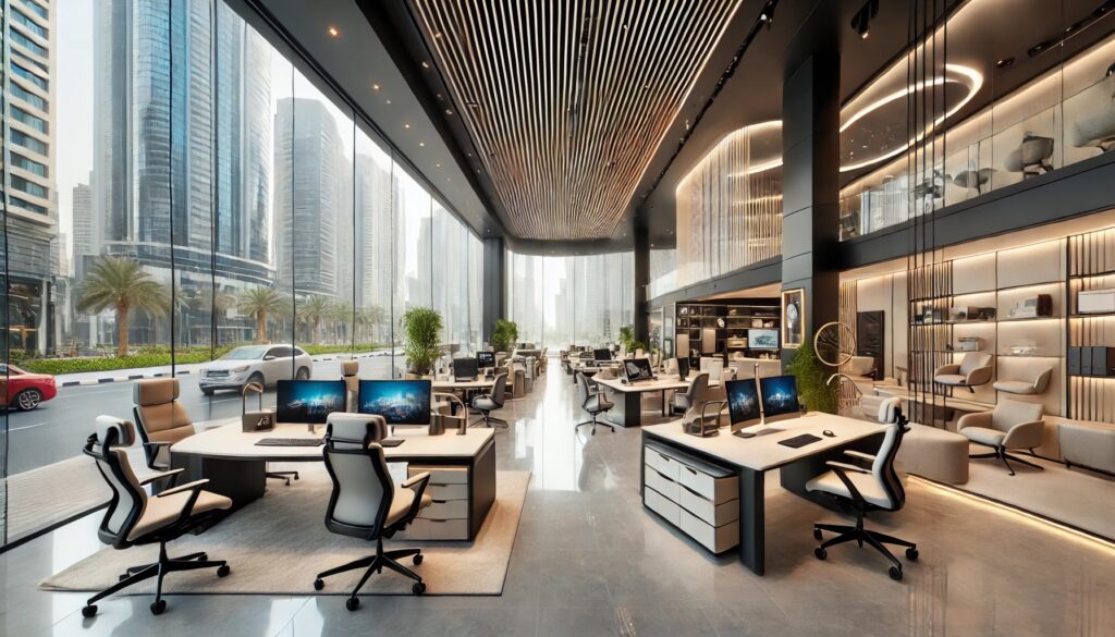 Modern office furniture showroom on Sheikh Zayed Road, Dubai, featuring luxury executive desks, ergonomic chairs, and stylish workstations.