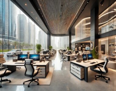 Modern office furniture showroom on Sheikh Zayed Road, Dubai, featuring luxury executive desks, ergonomic chairs, and stylish workstations.