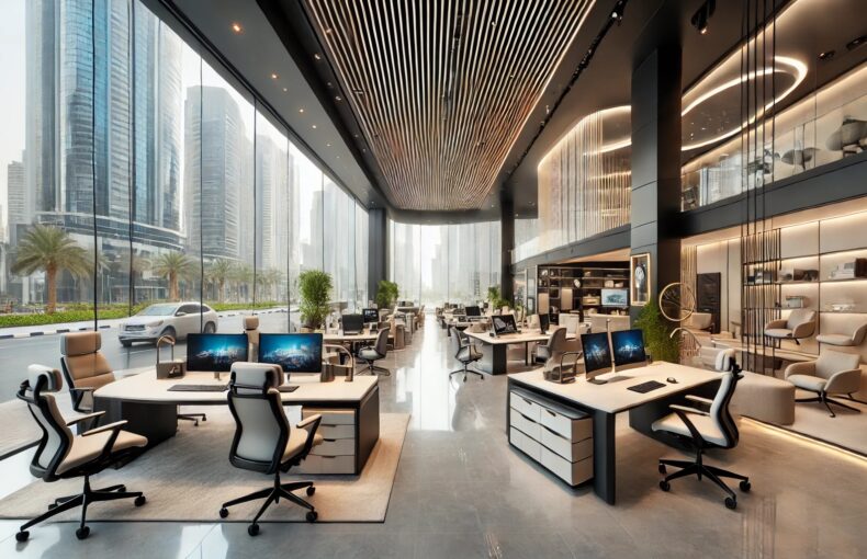 Modern office furniture showroom on Sheikh Zayed Road, Dubai, featuring luxury executive desks, ergonomic chairs, and stylish workstations.