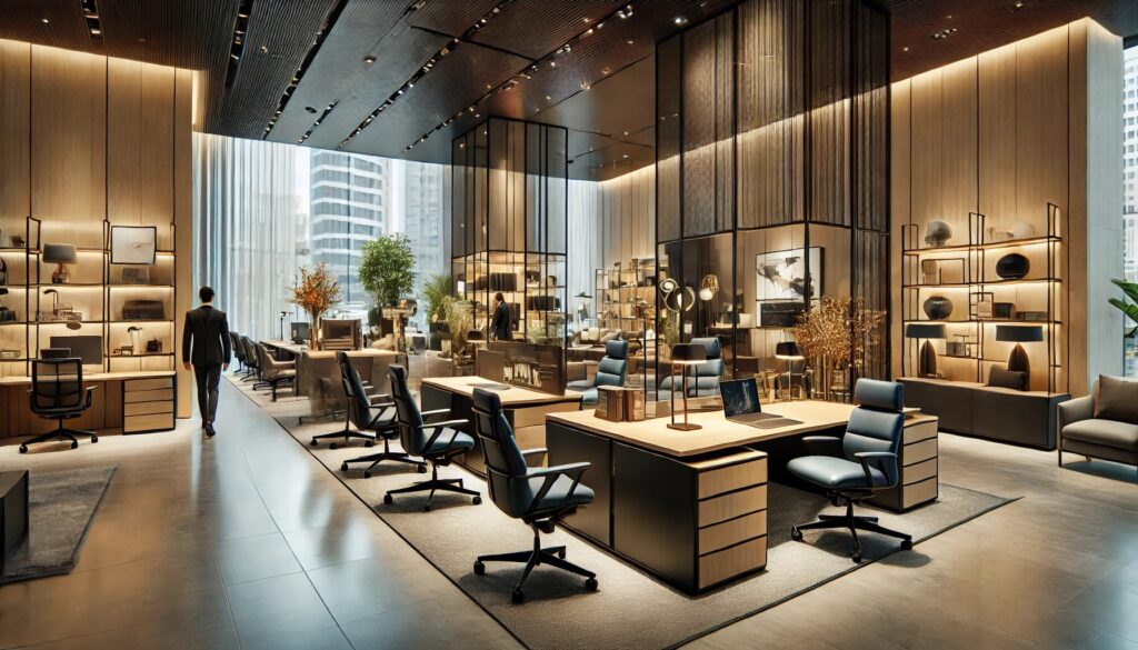 Office Furniture in Business Bay - Modern office furniture showroom in Business Bay, Dubai, featuring executive desks, ergonomic chairs, and reception desks