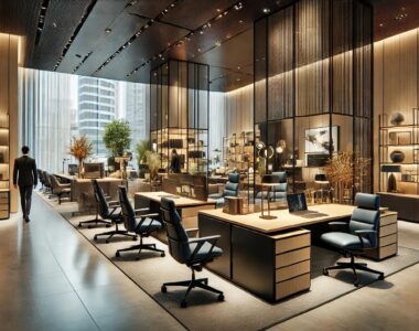 Office Furniture in Business Bay - Modern office furniture showroom in Business Bay, Dubai, featuring executive desks, ergonomic chairs, and reception desks