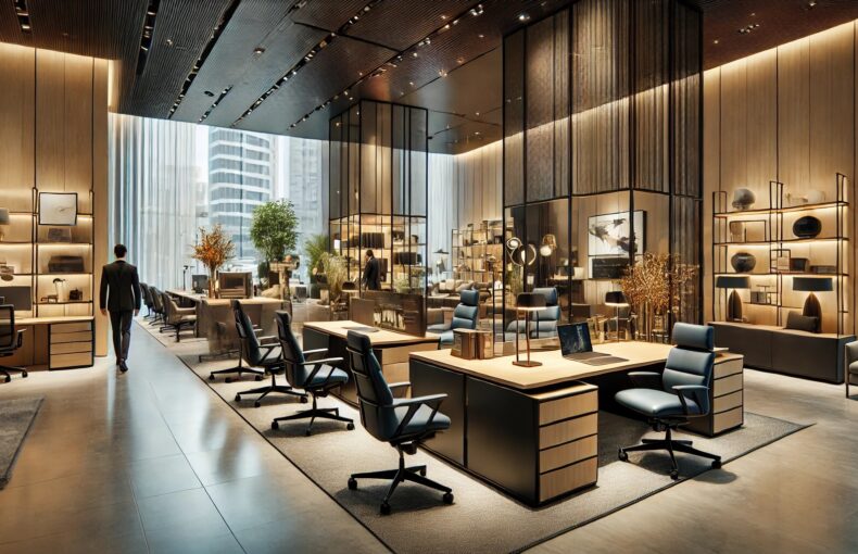 Office Furniture in Business Bay - Modern office furniture showroom in Business Bay, Dubai, featuring executive desks, ergonomic chairs, and reception desks