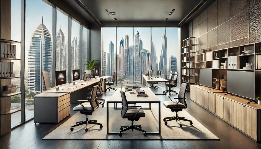A modern office furniture showroom in Jumeirah Lakes Towers (JLT), Dubai, featuring executive desks, ergonomic chairs, meeting tables, and storage cabinets with a view of Dubai's skyline.