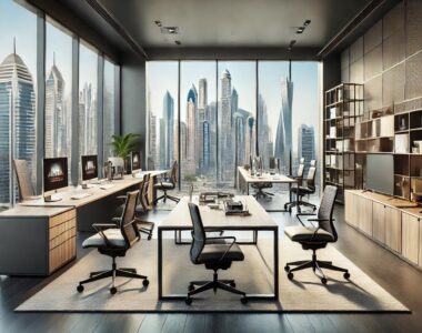 A modern office furniture showroom in Jumeirah Lakes Towers (JLT), Dubai, featuring executive desks, ergonomic chairs, meeting tables, and storage cabinets with a view of Dubai's skyline.