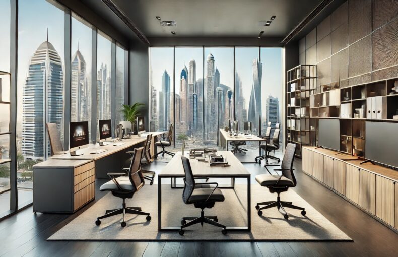 A modern office furniture showroom in Jumeirah Lakes Towers (JLT), Dubai, featuring executive desks, ergonomic chairs, meeting tables, and storage cabinets with a view of Dubai's skyline.