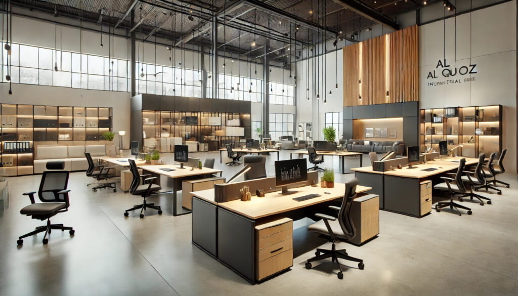 Modern office furniture showroom in Al Quoz Industrial Area, Dubai, featuring executive desks, ergonomic chairs, and workstations for businesses.