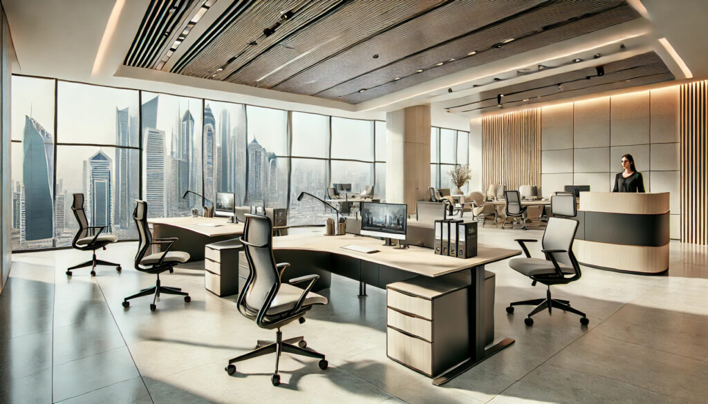 Modern office furniture in Dubai Healthcare City – ergonomic chairs, executive desks, and stylish reception desks for a productive workspace.